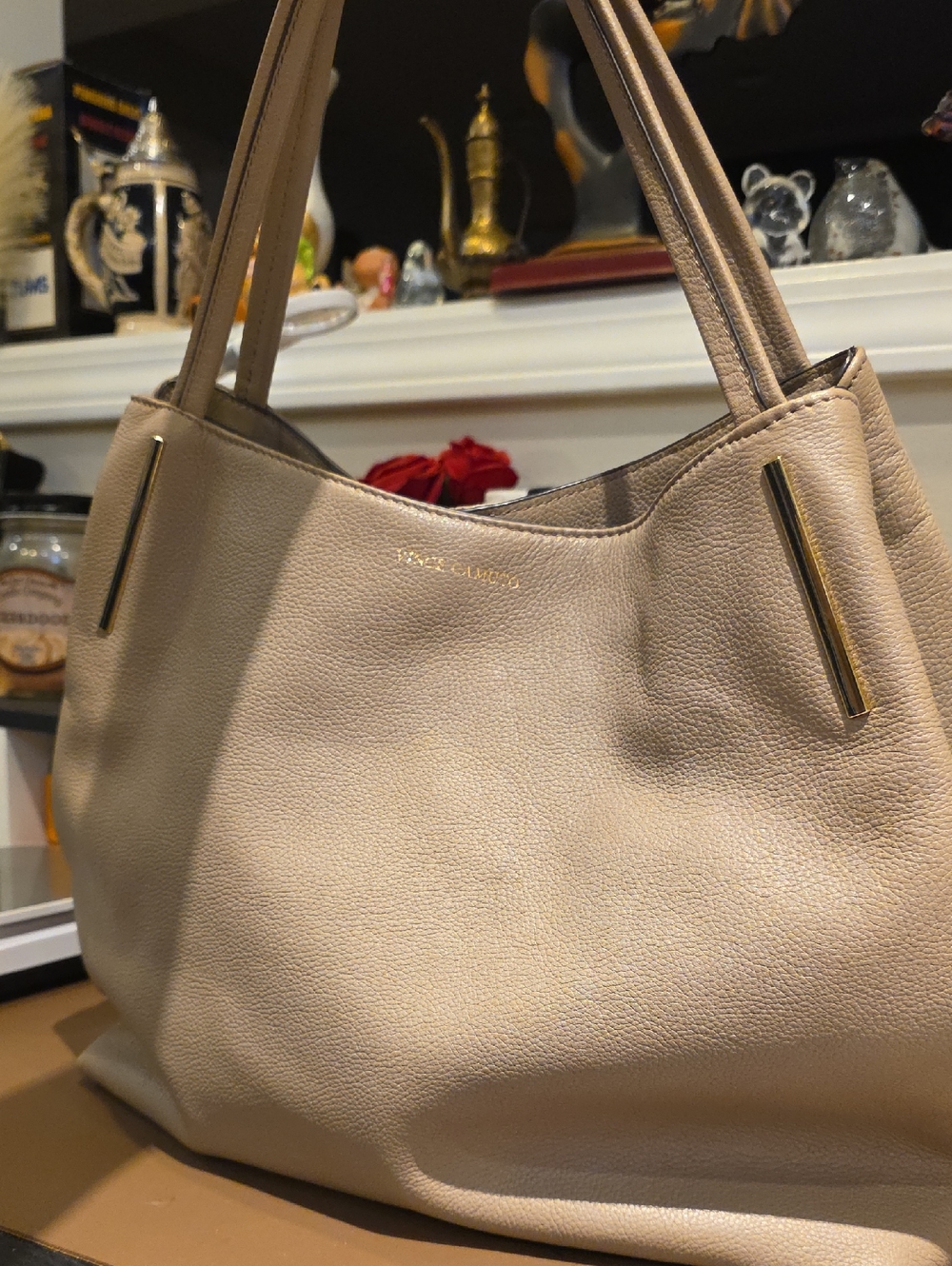 Vince Camuto Taupe Pebbled Leather Shoulder Tote with Gold Accents